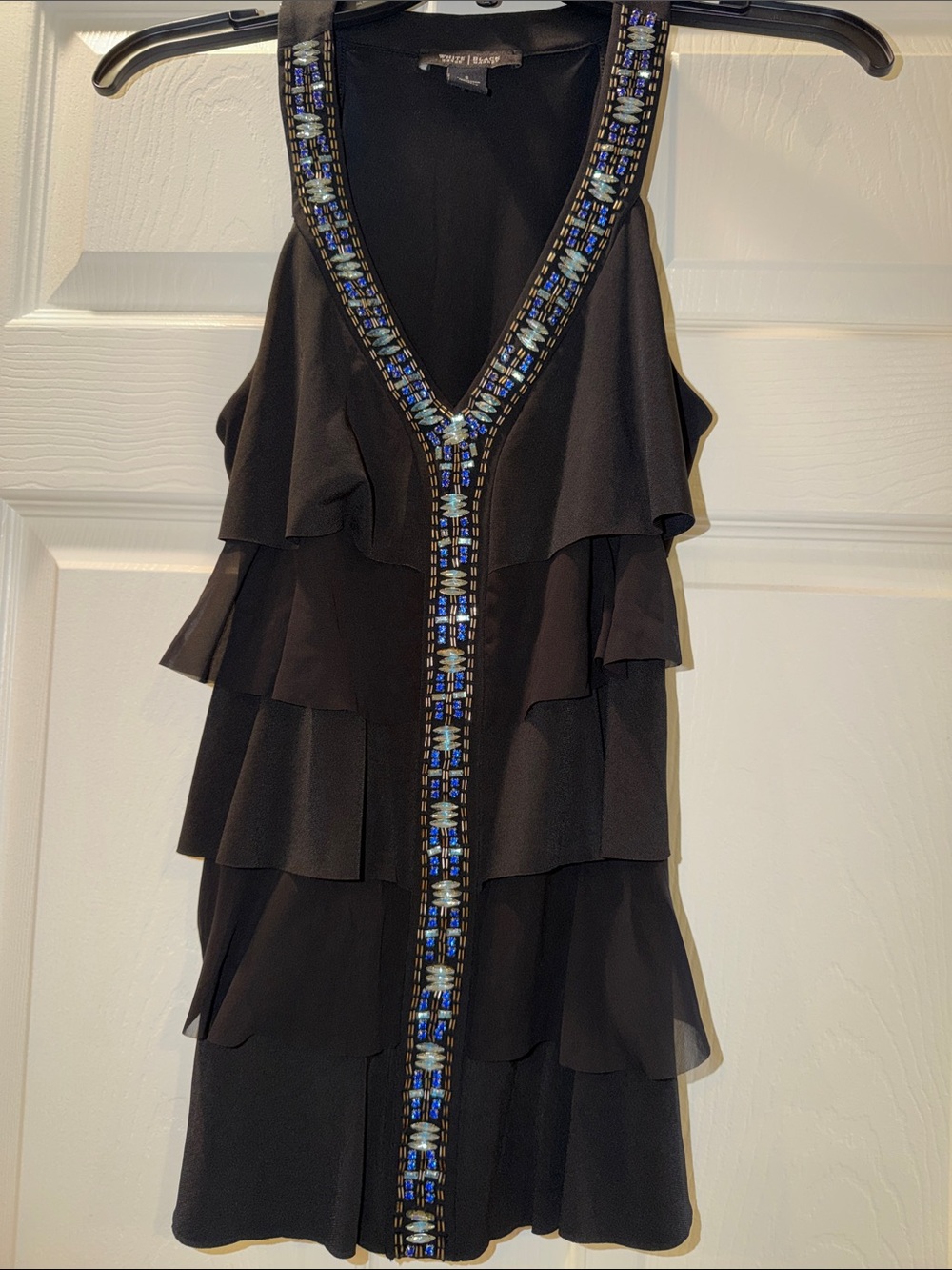 White House Black Market Black Tiered Mini Dress with Blue Beaded Trim